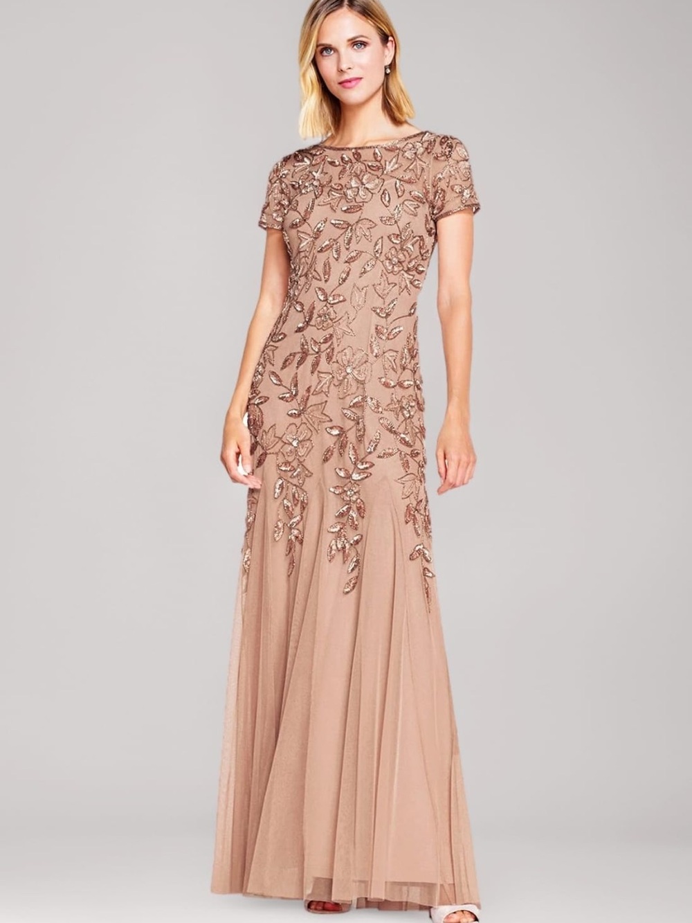 Adrianna Papell Blush-Beige Beaded Floral Maxi Gown